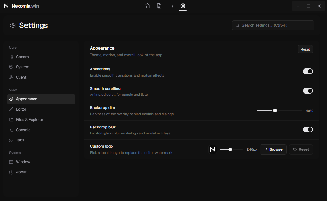 Nexomia appearance settings