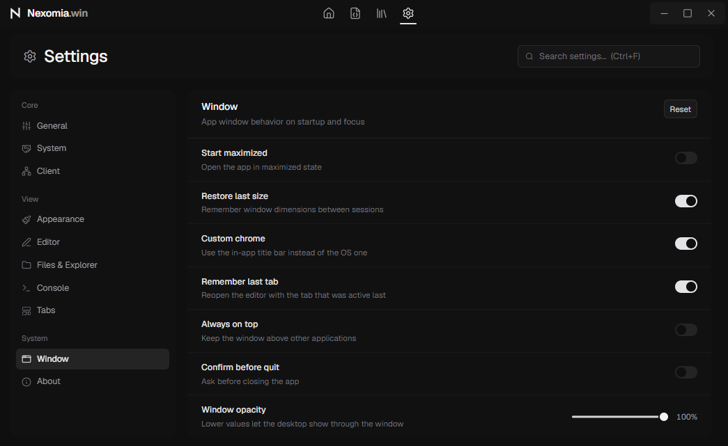 Nexomia general settings